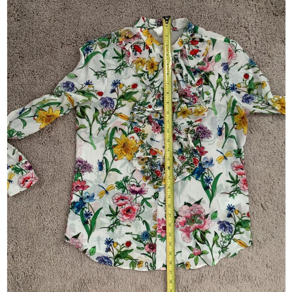 H&M Women Blouse Sz 8 Beige Floral Botanical Plumeti Chiffon Stand Up Collar - Picture 9 of 9